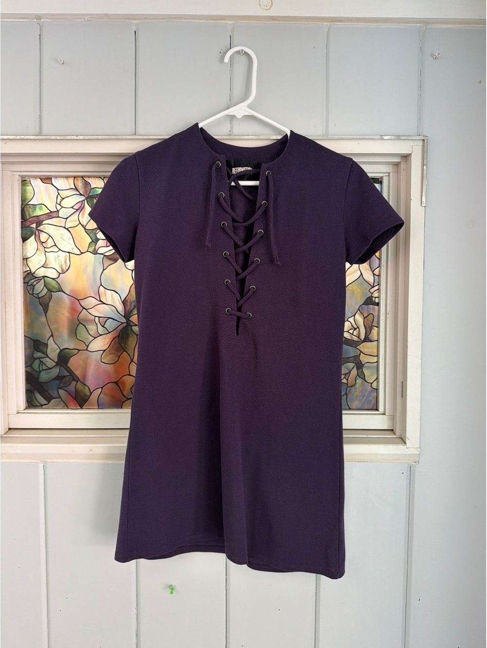 Reformation Purple Lace-Up Front Short Sleeve Dress XS